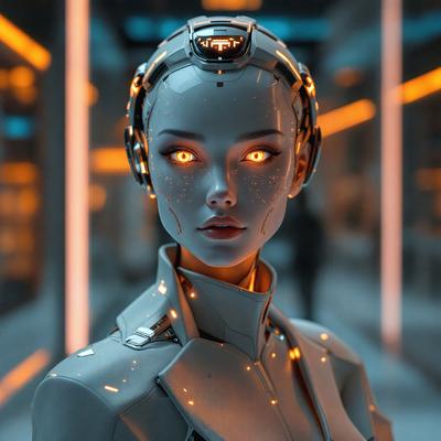 The primary subject of the image is a woman with glowing eyes, wearing a futuristic outfit and a silver helmet. She is standing in a room with a backdrop of a building. The visual style of the image is digital art, and the colors and mood are predominantly silver and futuristic.
